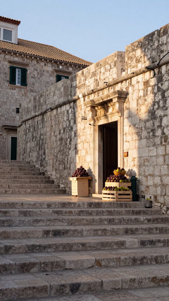 First Light Morning on Dubrovnik Stone Steps with Tea Tin and Local Interaction in in Dubrovnik, Croatia