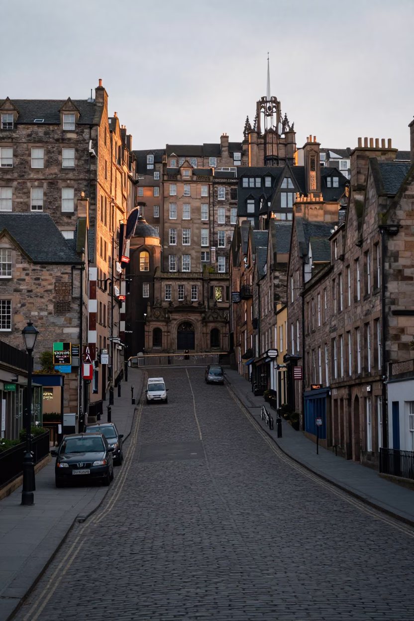 First Light Morning on Edinburgh Royal Mile Street Scene with Stone Architecture in in Edinburgh, United Kingdom