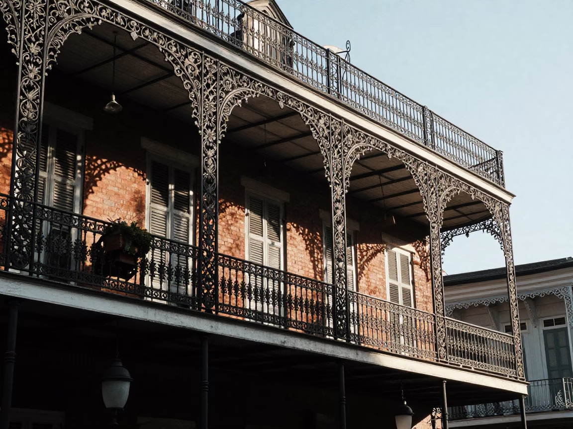 First Light Morning on French Quarter Balcony with Ironwork and Local Fruit in in New Orleans, Louisiana, United States