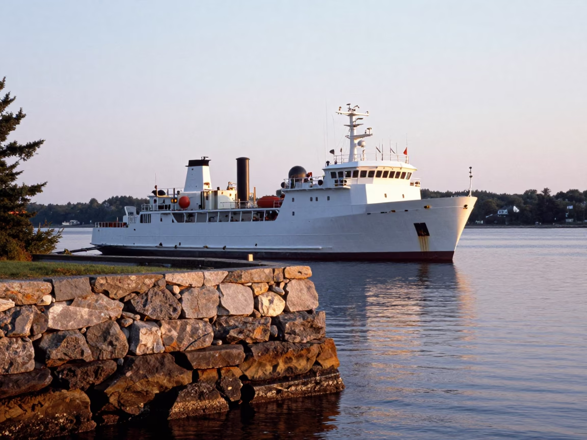 First Light Morning on Halifax Waterfront with Research Vessel and Seagulls in in Halifax, Nova Scotia, Canada