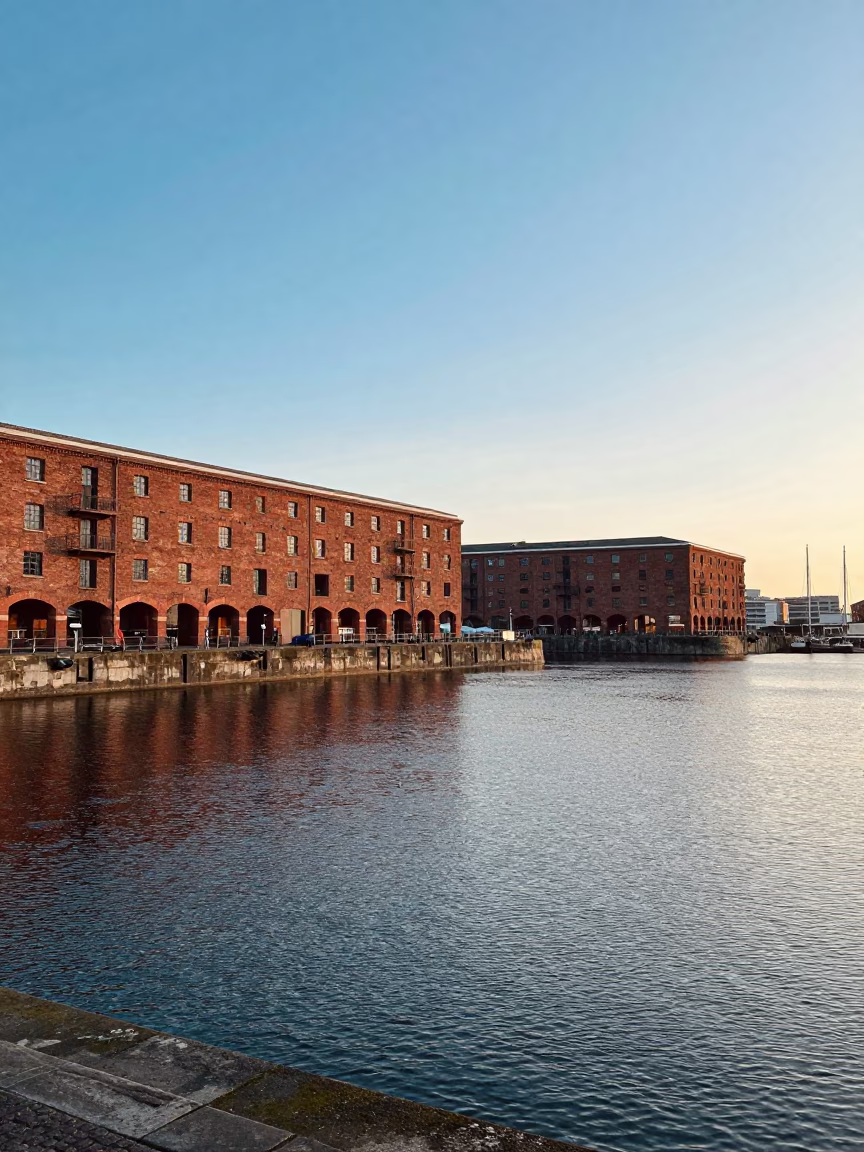 First Light Morning on Liverpool Waterfront Showing Albert Dock and Royal Liver Building in in Liverpool, United Kingdom