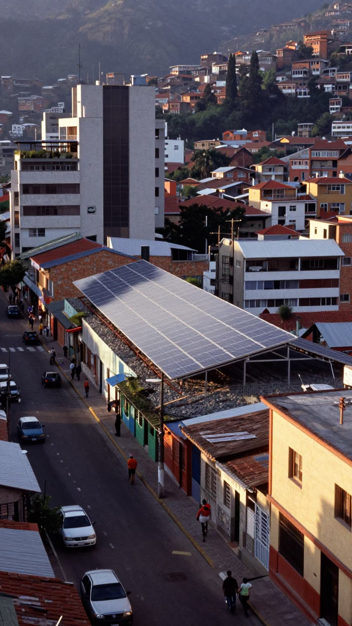 First Light Morning on Medellin Street with Solar Array and Construction Site in in Medellin, Colombia