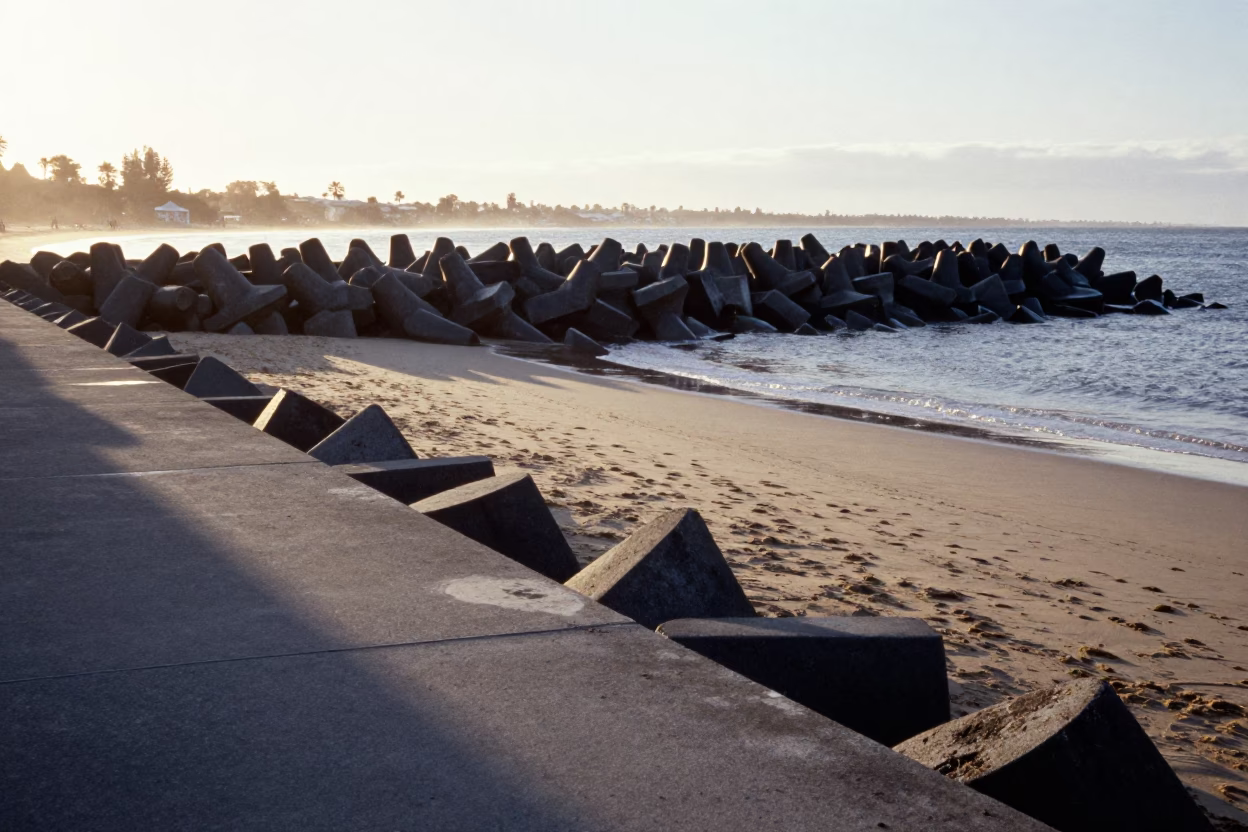 First Light Morning on Melbourne Beach with Black Breakwater Tetrapods and Winter Surf Spray in in Melbourne, Victoria, Australia