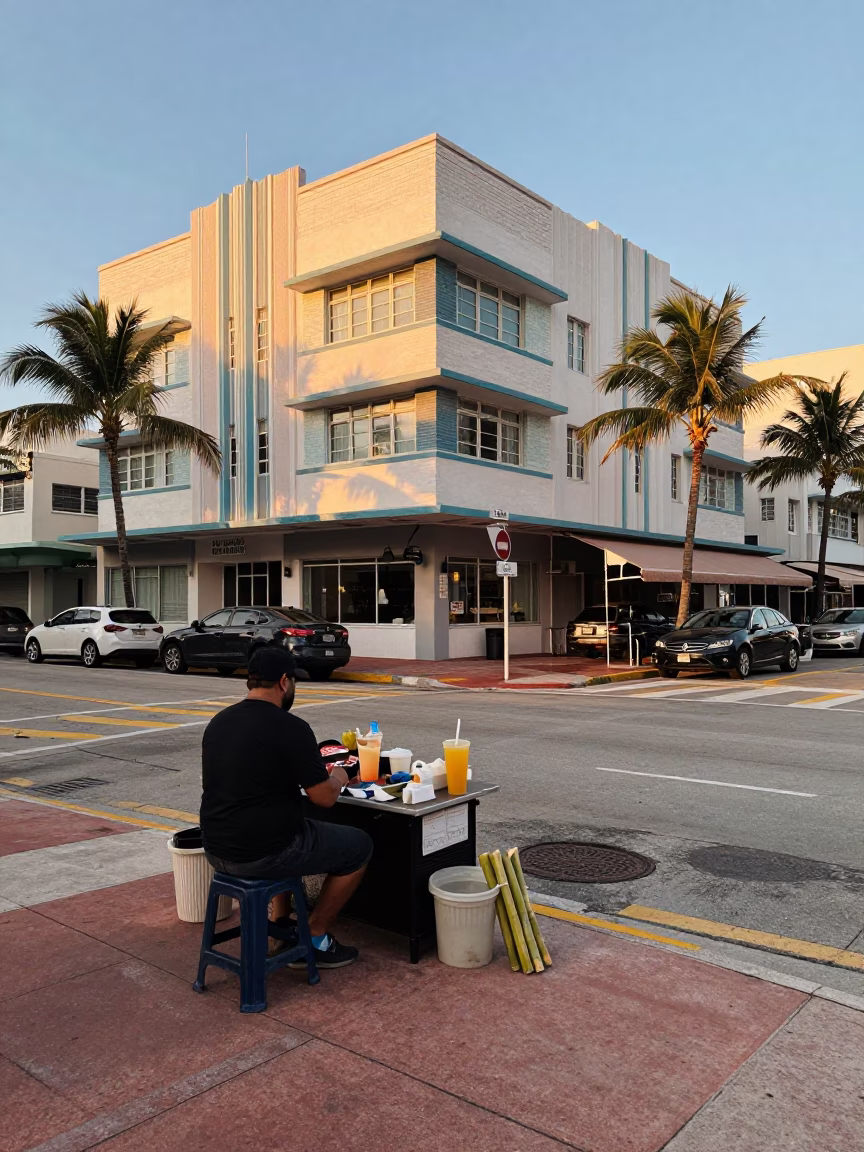 First Light Morning on Miami Street with Sugarcane Juice and Enamel Pitcher in in Miami, Florida, United States