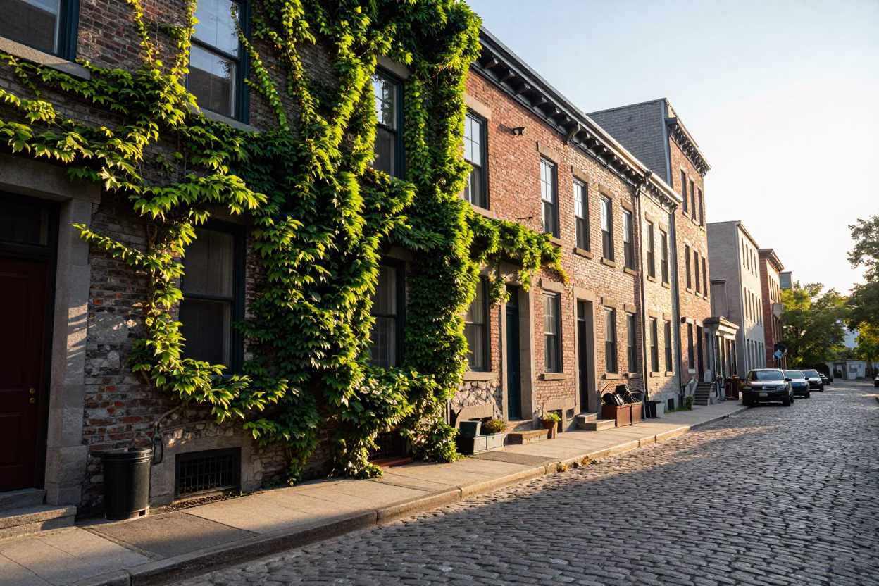 First Light Morning on Montreal Street with Ivy Vines and Vintage Car in in Montreal, Quebec, Canada