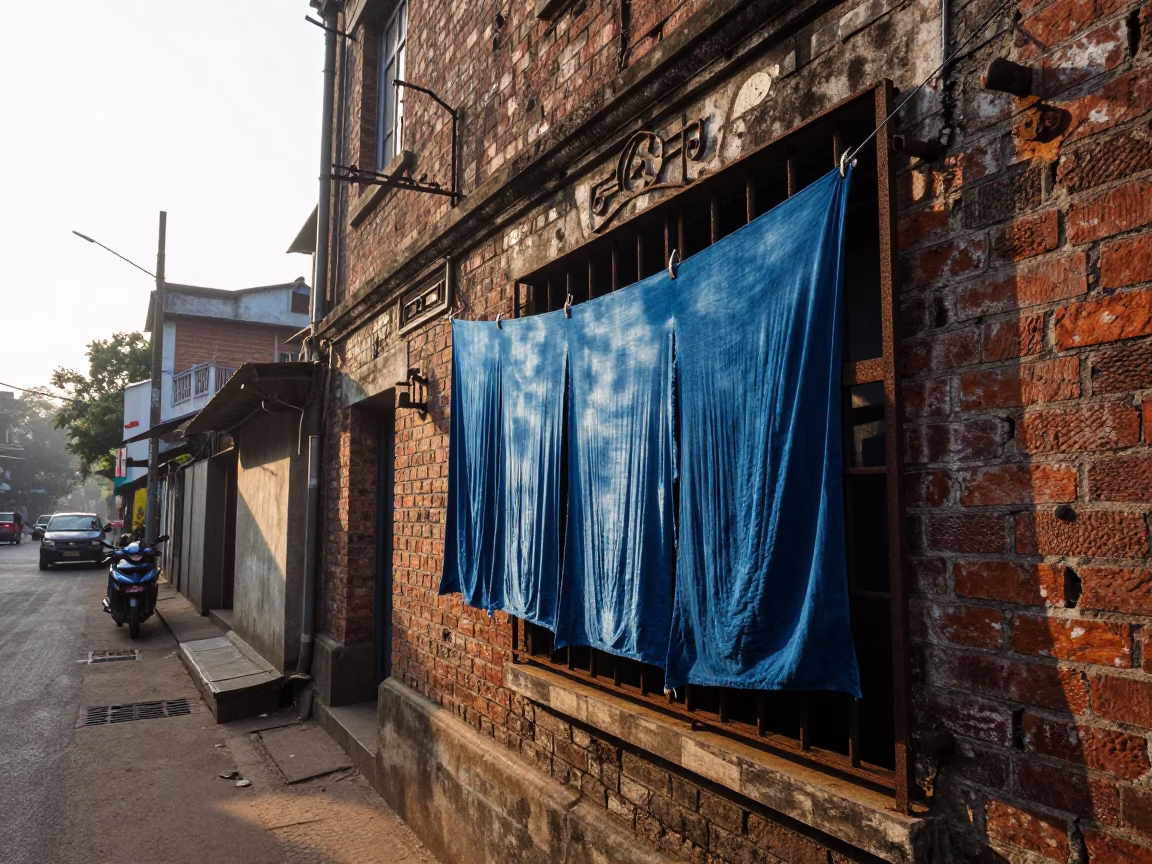 First Light Morning on Mumbai Streets with Drying Indigo Fabric and Heritage Architecture in in Mumbai, India