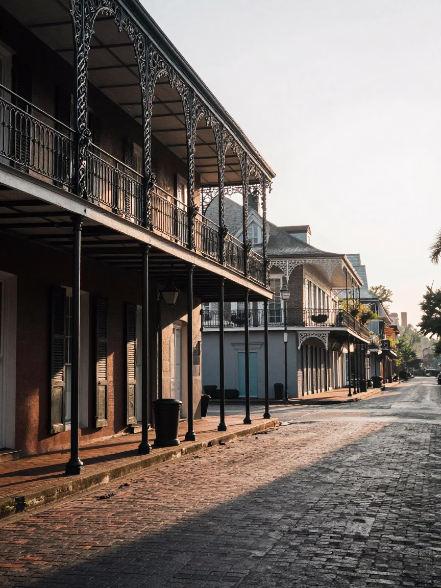 First Light Morning on New Orleans Canal Street with Historic Architecture and Substation Fence in in New Orleans, Louisiana, United States