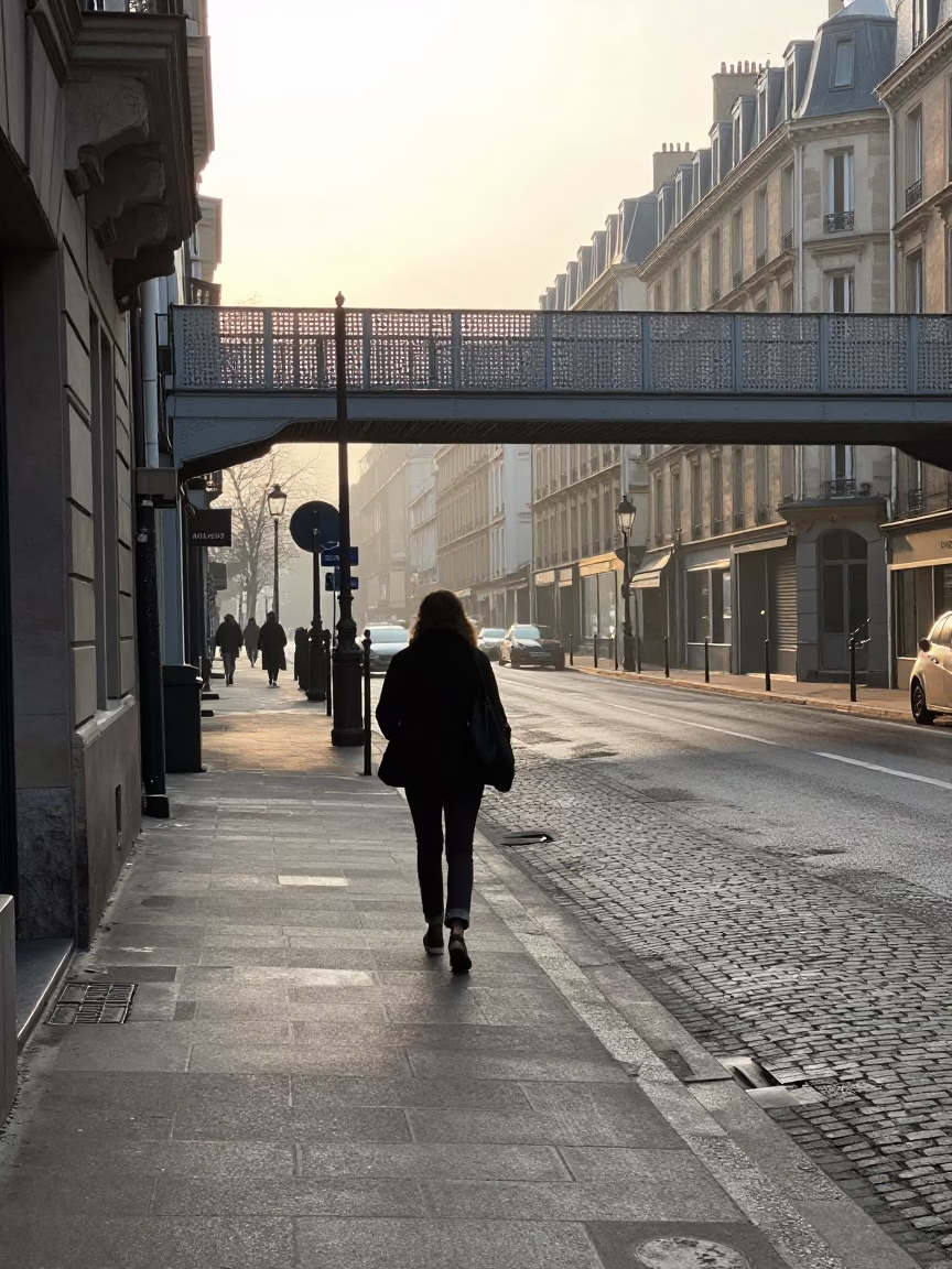 First Light Morning on Parisian Sidewalk with Pedestrian Overpass and Wet Footsteps in in Paris, France