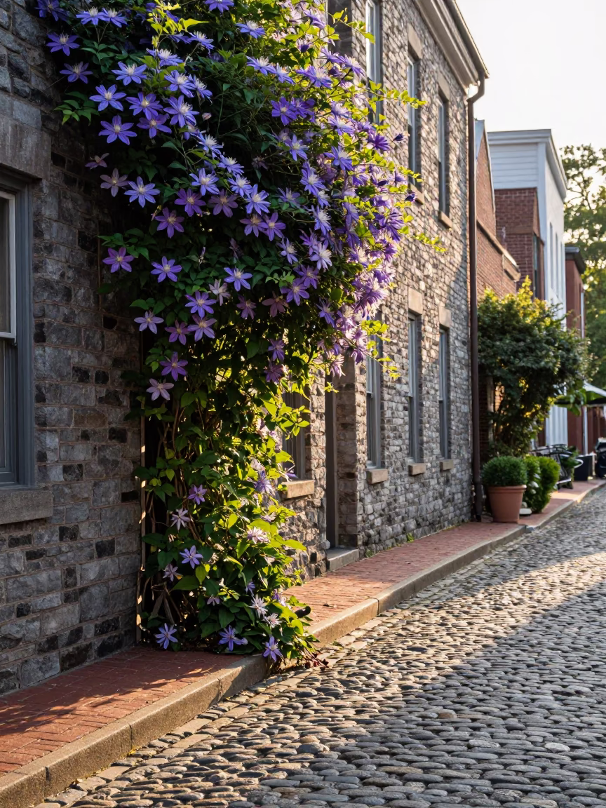 First Light Morning on Philadelphia Cobblestone Street with Clematis Vine and Urban Shadows in in Philadelphia, Pennsylvania, United States