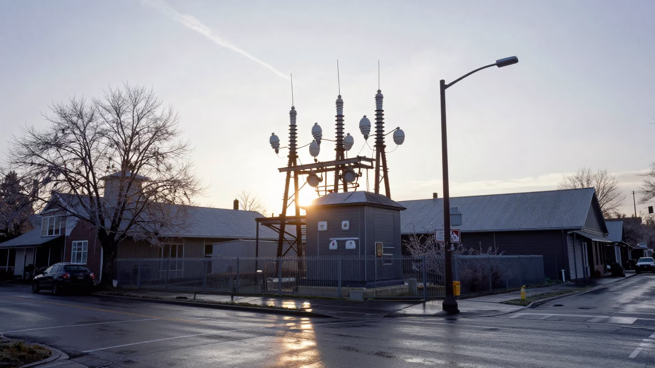 First Light Morning on Portland Street Corner with Substation and Urban Details in in Portland, Oregon, United States