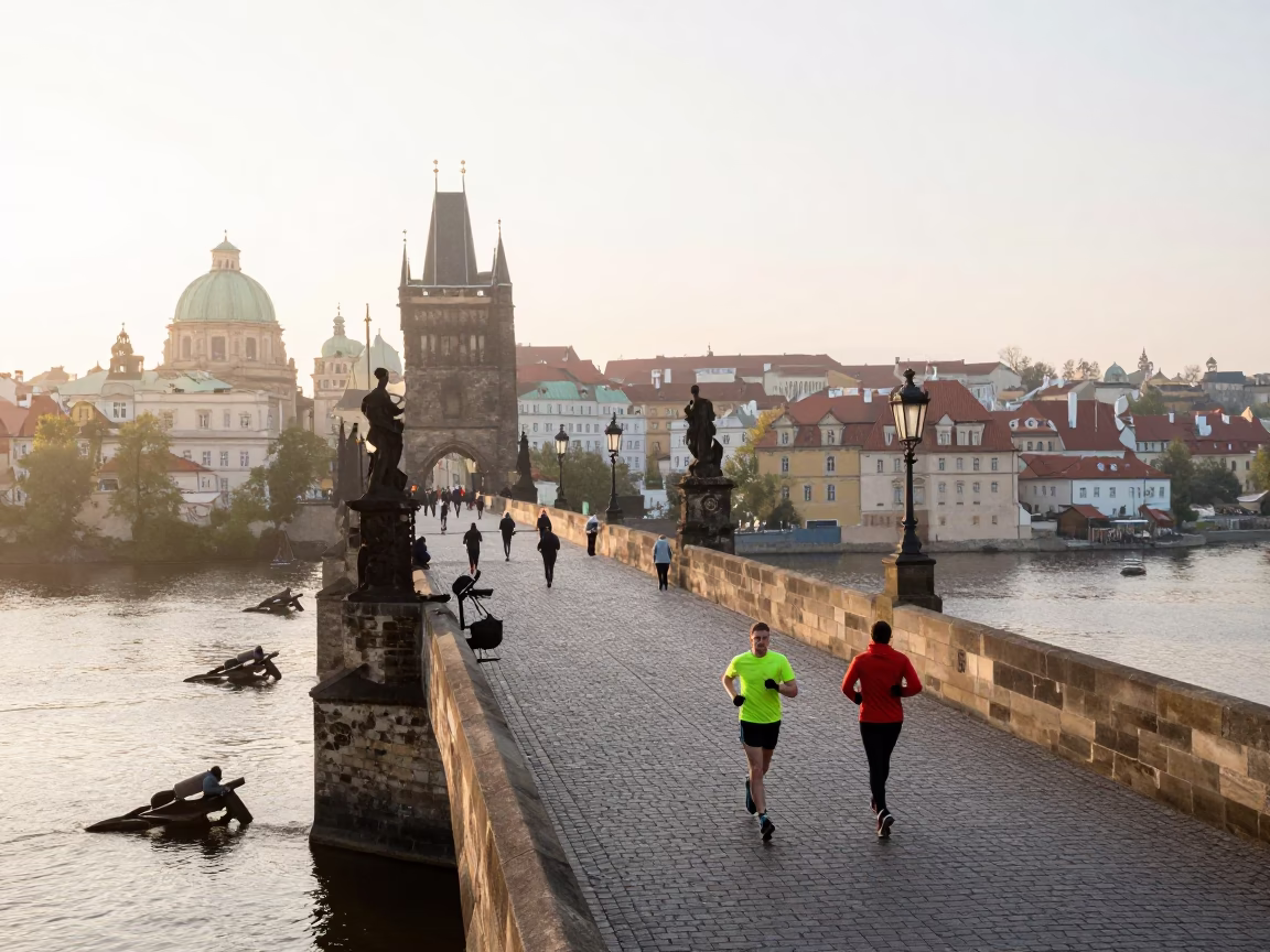 First Light Morning on Prague Charles Bridge with Tourists and Gothic Architecture in in Prague, Czech Republic