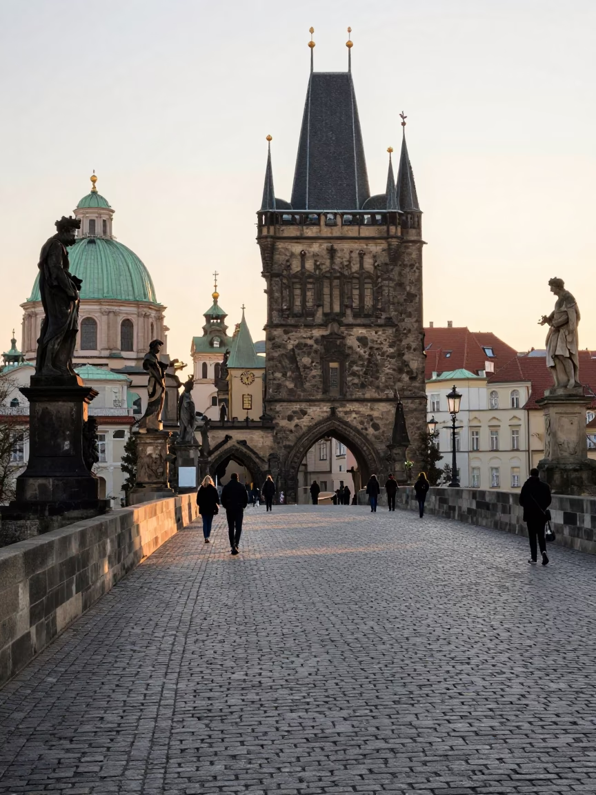 First Light Morning on Prague Charles Bridge with Tourists and Stone Statues in in Prague, Czech Republic