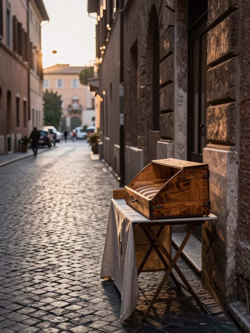 First light morning on Roman street with vintage breadbox and kitchen tools in in Rome, Italy