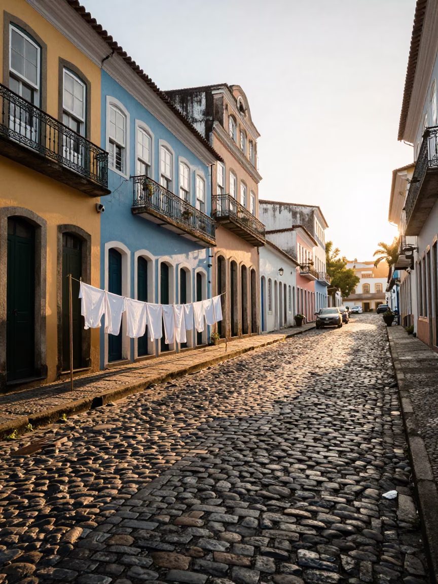 First Light Morning on Salvador Brazil Cobblestone Street with Laundry Hanging and Local Life in in Salvador, Brazil