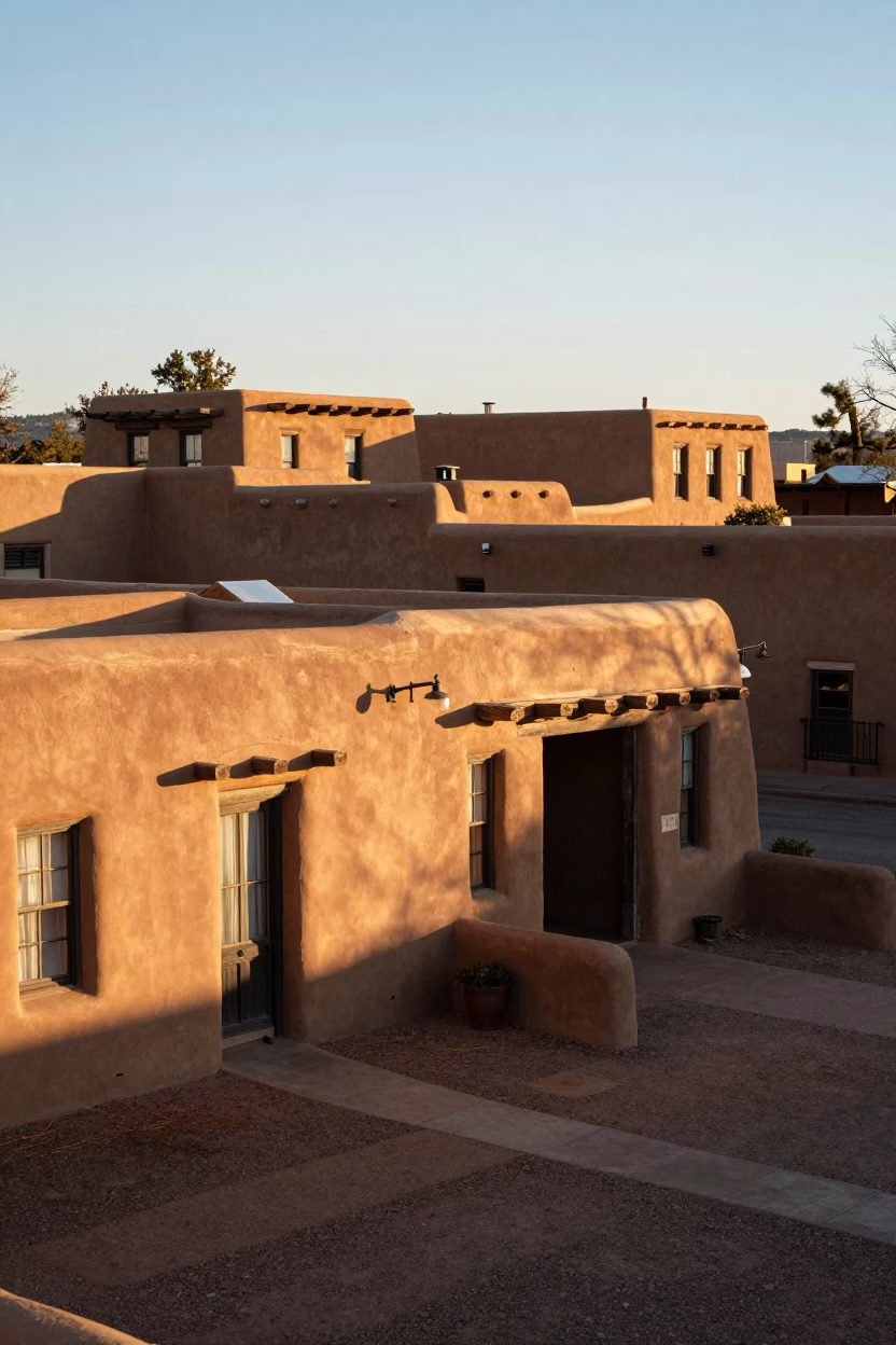 First Light Morning on Santa Fe Plaza with Adobe Architecture and Local Market Activity in in Santa Fe, New Mexico, United States