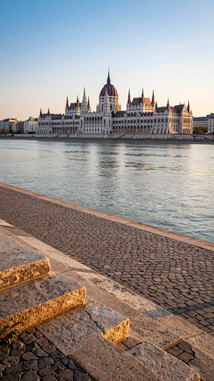 First Light Morning on the Danube Bank in Budapest Hungary with Commuters and Thermos in in Budapest, Hungary