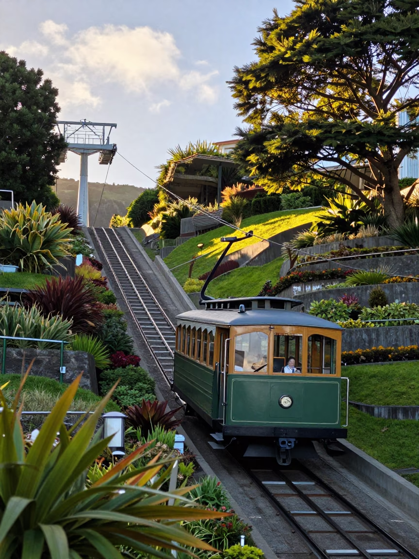 First Light Morning on Wellington Cable Car Funicular Steep Terraced Gardens New Zealand in in Wellington, New Zealand