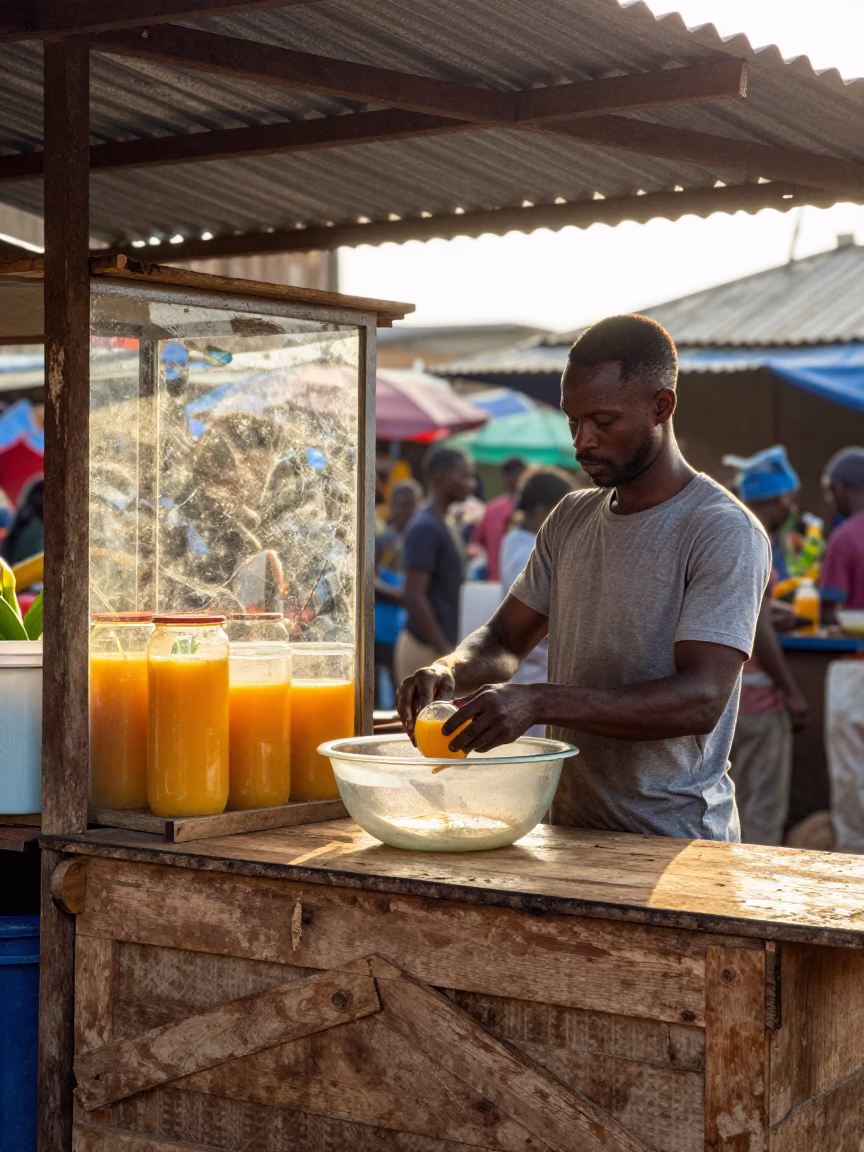 First Light Morning Routine at Accra Market Stall with Glass Basin and Tea Stains in in Accra, Ghana