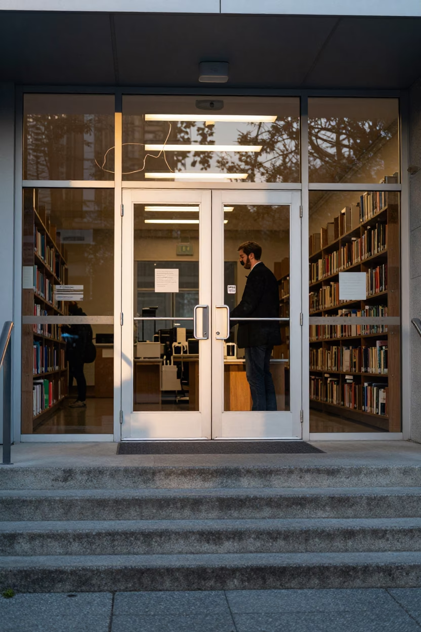 First Light Morning Routine at Vancouver Library Entrance with Coffee and Bookshelves in in Vancouver, British Columbia, Canada