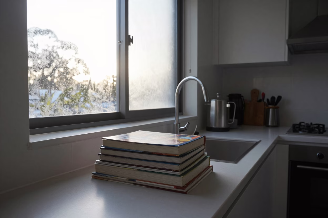 First Light Morning Routine in Adelaide Kitchen with Condensation and Cookbooks in in Adelaide, South Australia, Australia