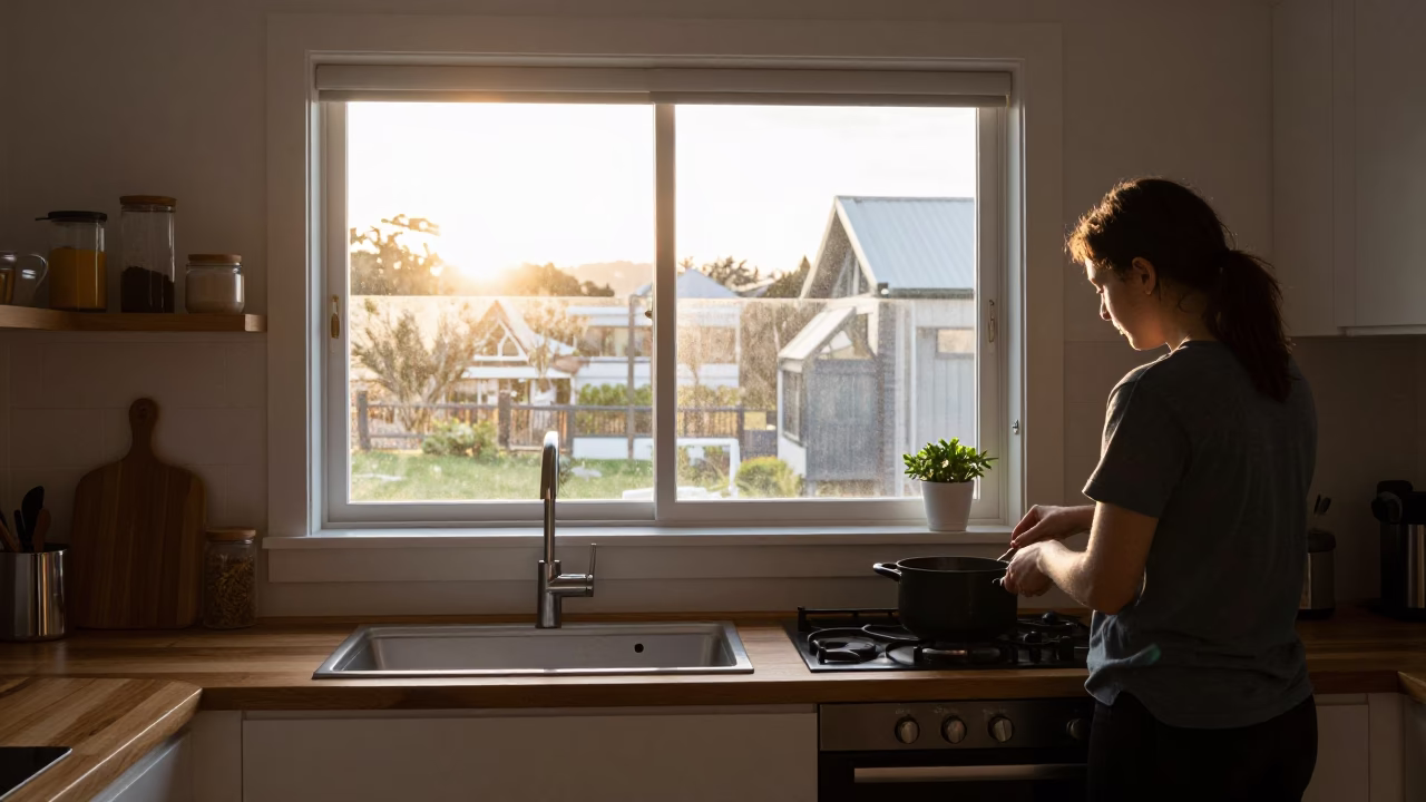 First Light Morning Routine in Christchurch New Zealand Kitchen Window View in in Christchurch, New Zealand