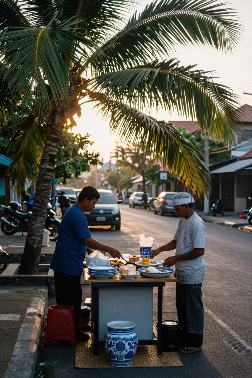 First Light Morning Routine in Denpasar Indonesia with Blue Porcelain and Notebook in in Denpasar, Indonesia
