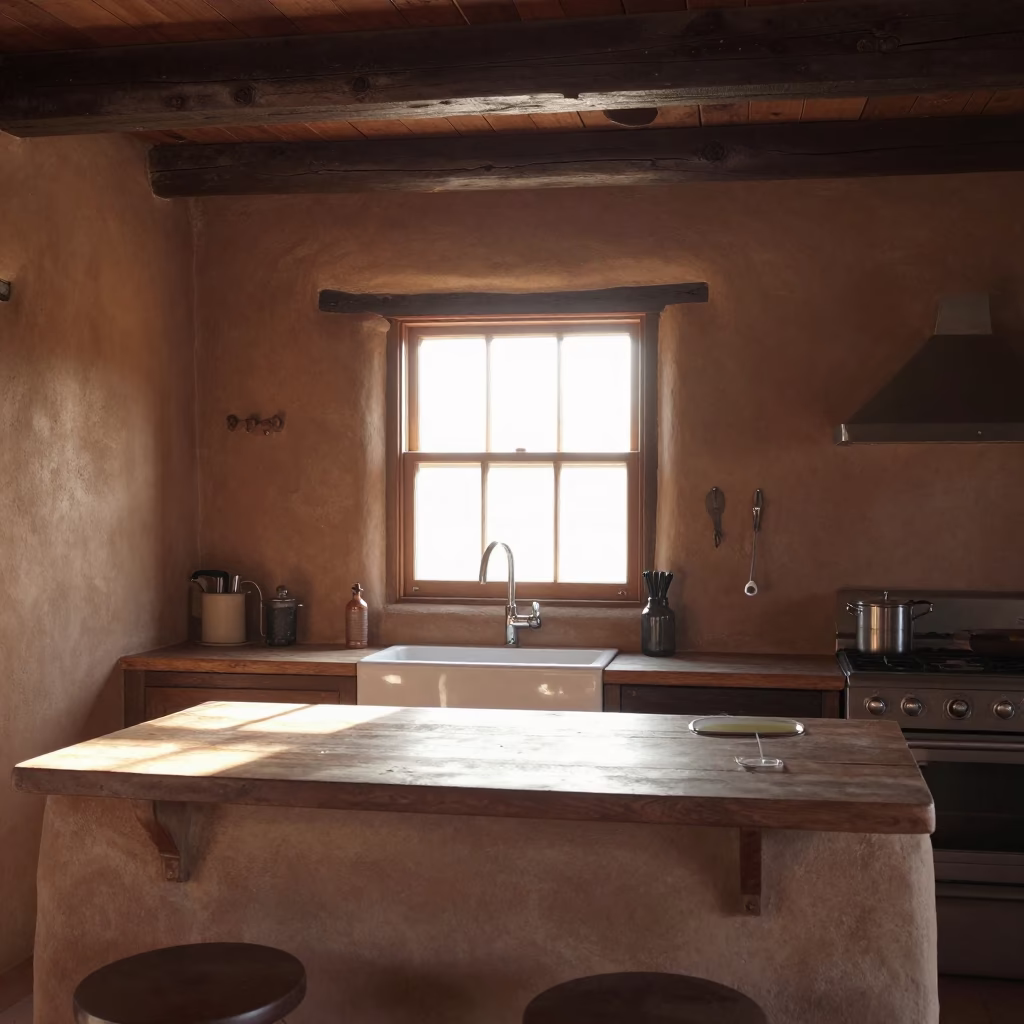 First Light Morning Routine in Santa Fe New Mexico Kitchen with Adobe Details in in Santa Fe, New Mexico, United States