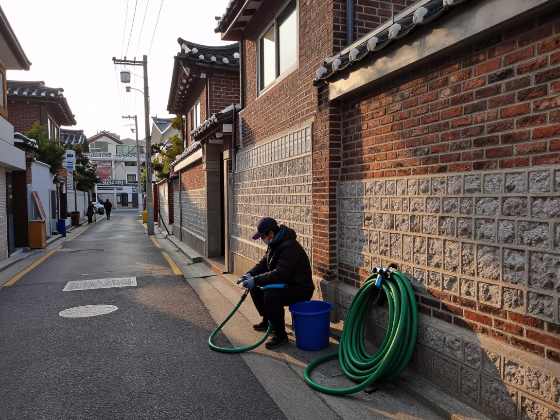 First Light Morning Routine in Seoul Street Corner with Hose and Seed Tray in in Seoul, South Korea