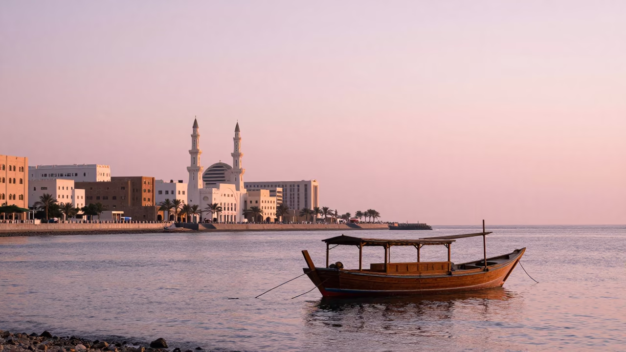 First Light Morning Scene at Muscat Corniche with Traditional Dhow Boat and Sea Fog in in Muscat, Oman