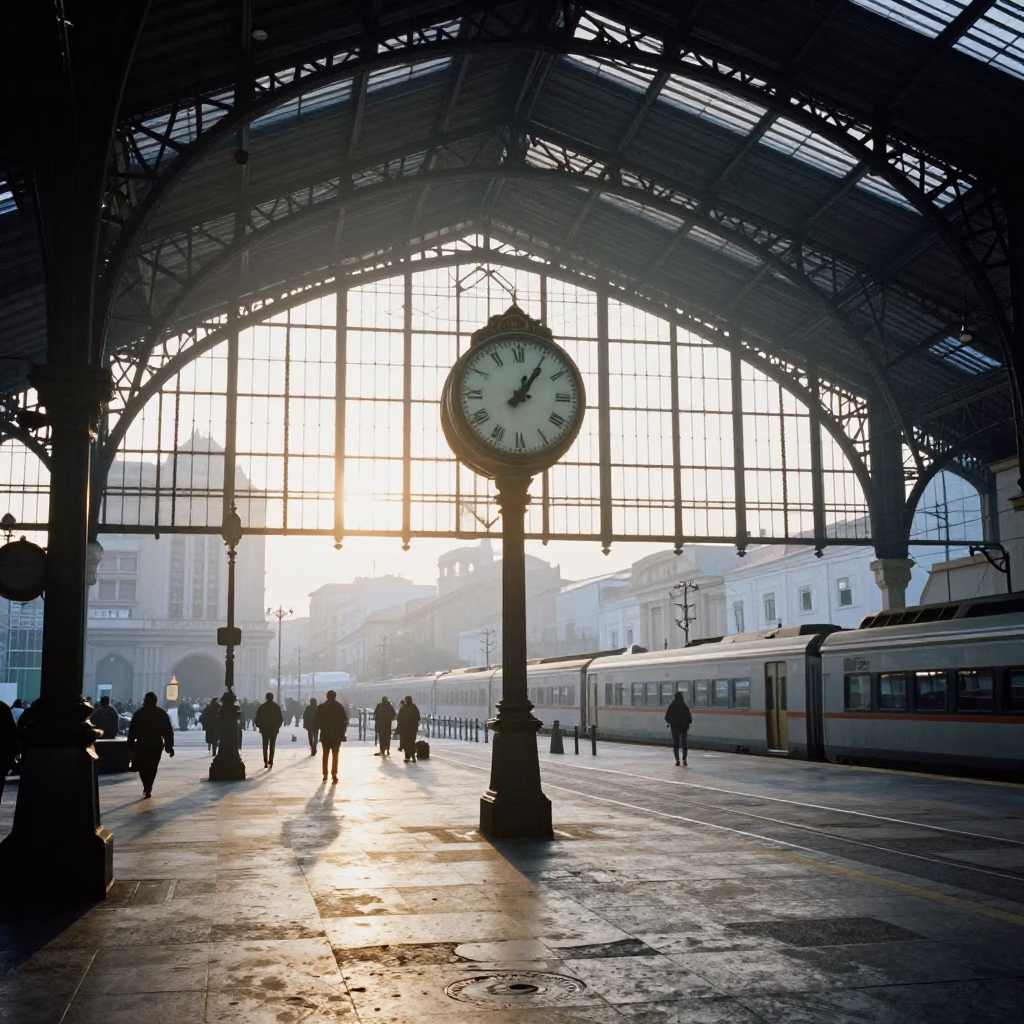 First Light Morning Scene at Valencia Spain Train Station Clock Under Vaulted Iron Roof in in Valencia, Spain