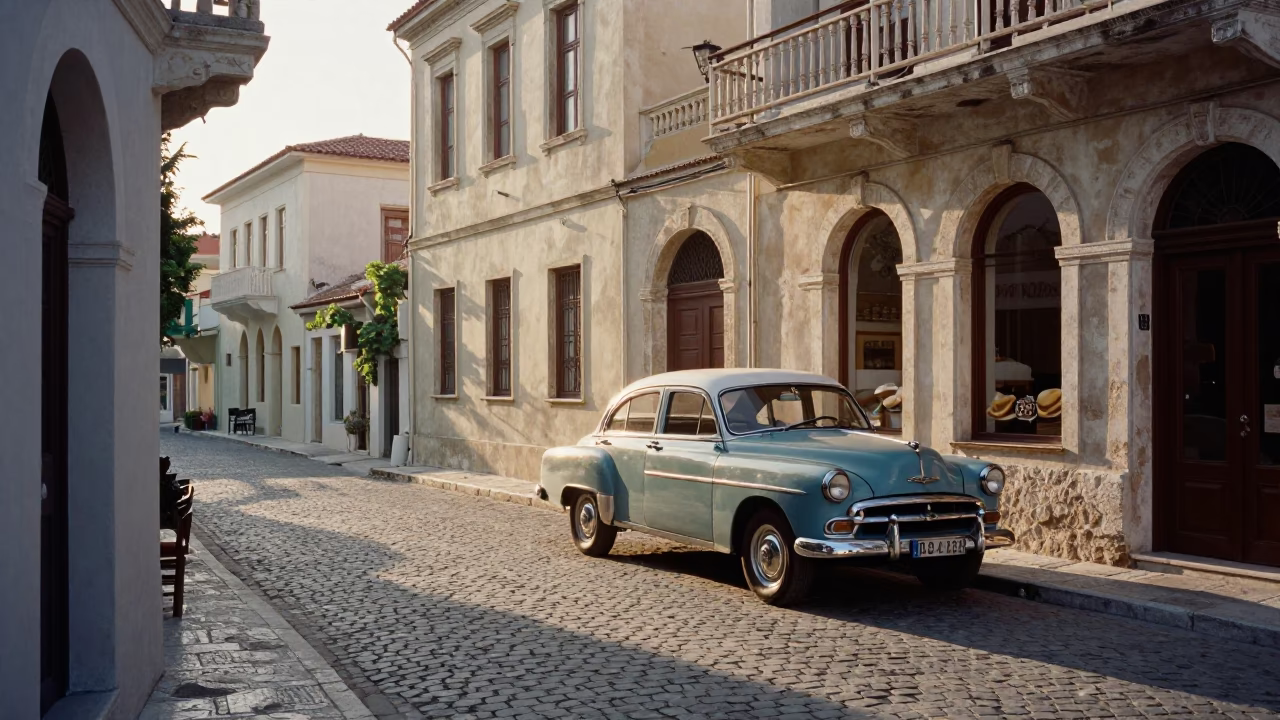 First Light Morning Scene in Athens Greece with Vintage Car and Cyclist in in Athens, Greece