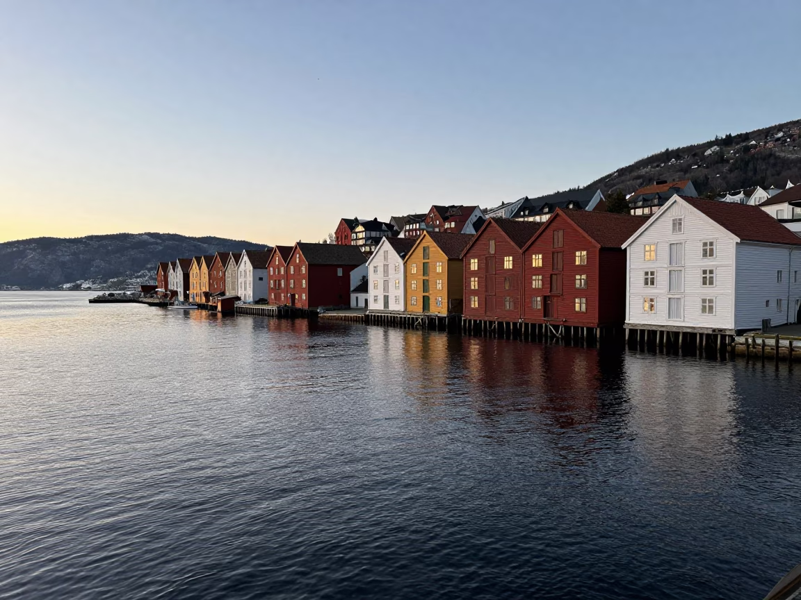 First Light Morning Scene in Bergen Norway with Ripples and Observation Deck in in Bergen, Norway