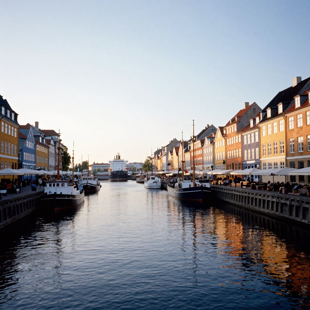 First Light Morning Scene in Copenhagen Denmark with Cargo Ship Horizon in in Copenhagen, Denmark