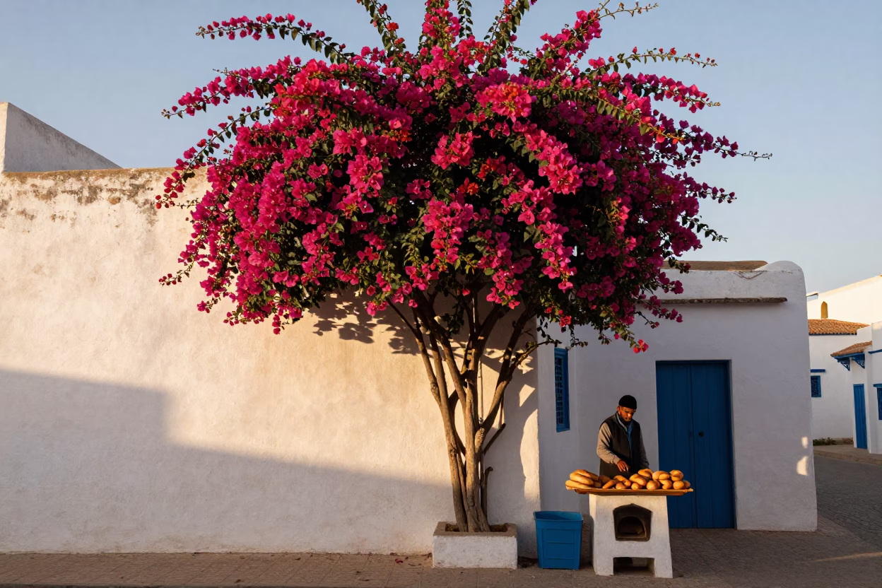 First Light Morning Scene in Essaouira Morocco With Bougainvillea Over White Wall in in Essaouira, Morocco