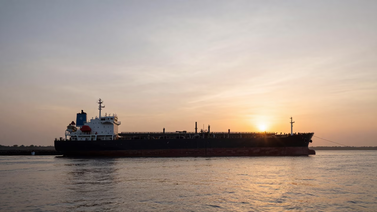 First Light Morning Scene in Kochi India With Tanker Ship Docked at Refinery Port in in Kochi, India