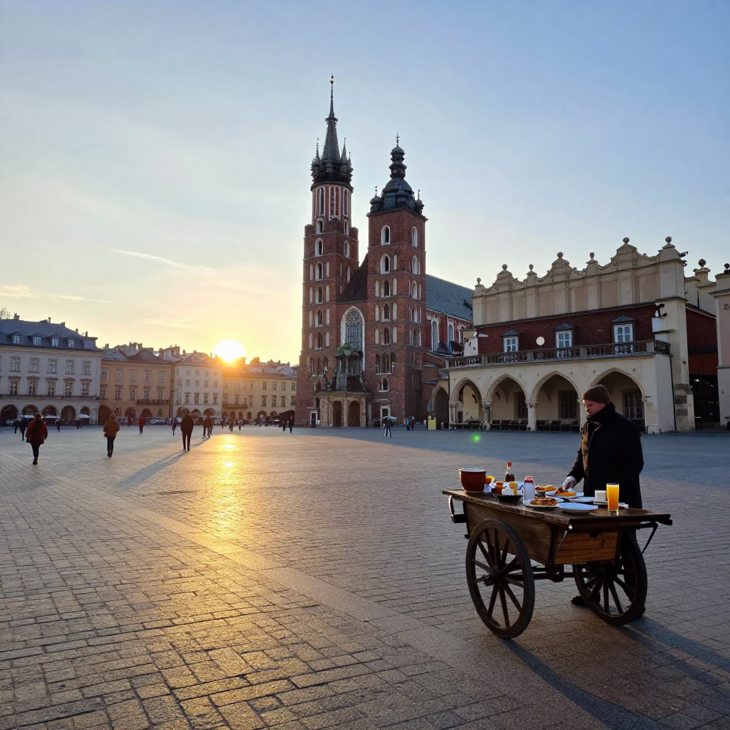 First Light Morning Scene in Krakow Poland with Traditional Breakfast and Coffee in in Krakow, Poland