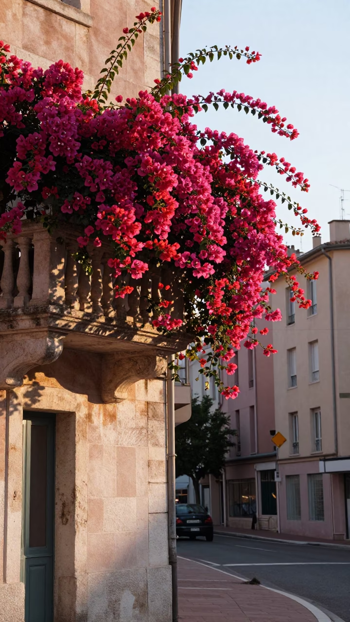 First Light Morning Scene in Lyon France with Bougainvillea and Street Life in in Lyon, France