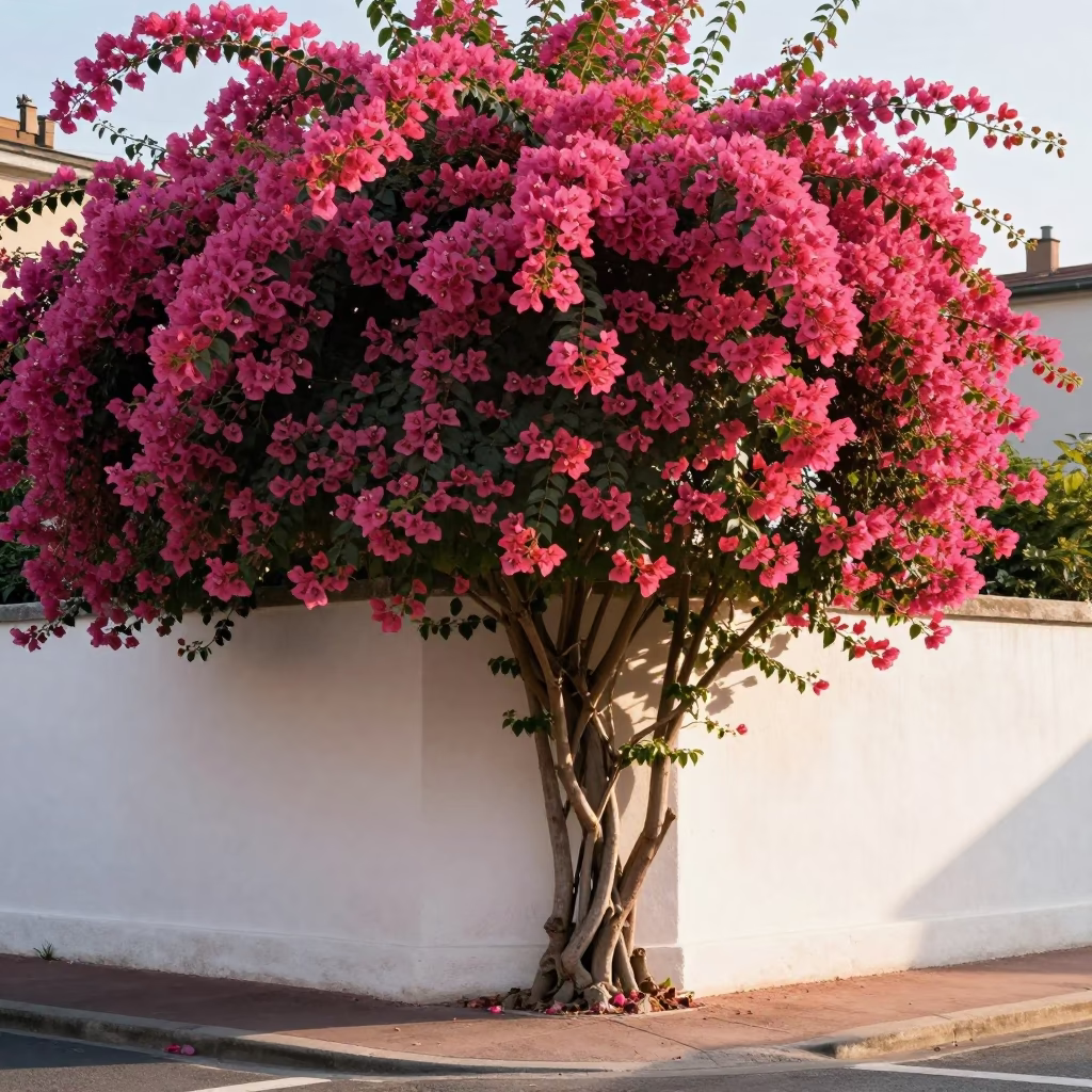 First Light Morning Scene in Lyon France With Bougainvillea Cascade Over White Wall in in Lyon, France