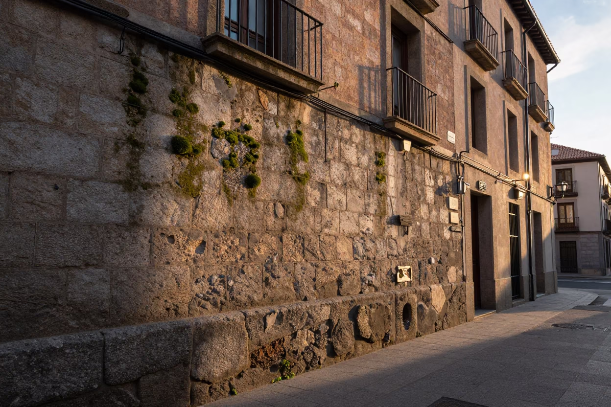 First Light Morning Scene in Madrid Spain with Stone Walls and Early Street Life in in Madrid, Spain