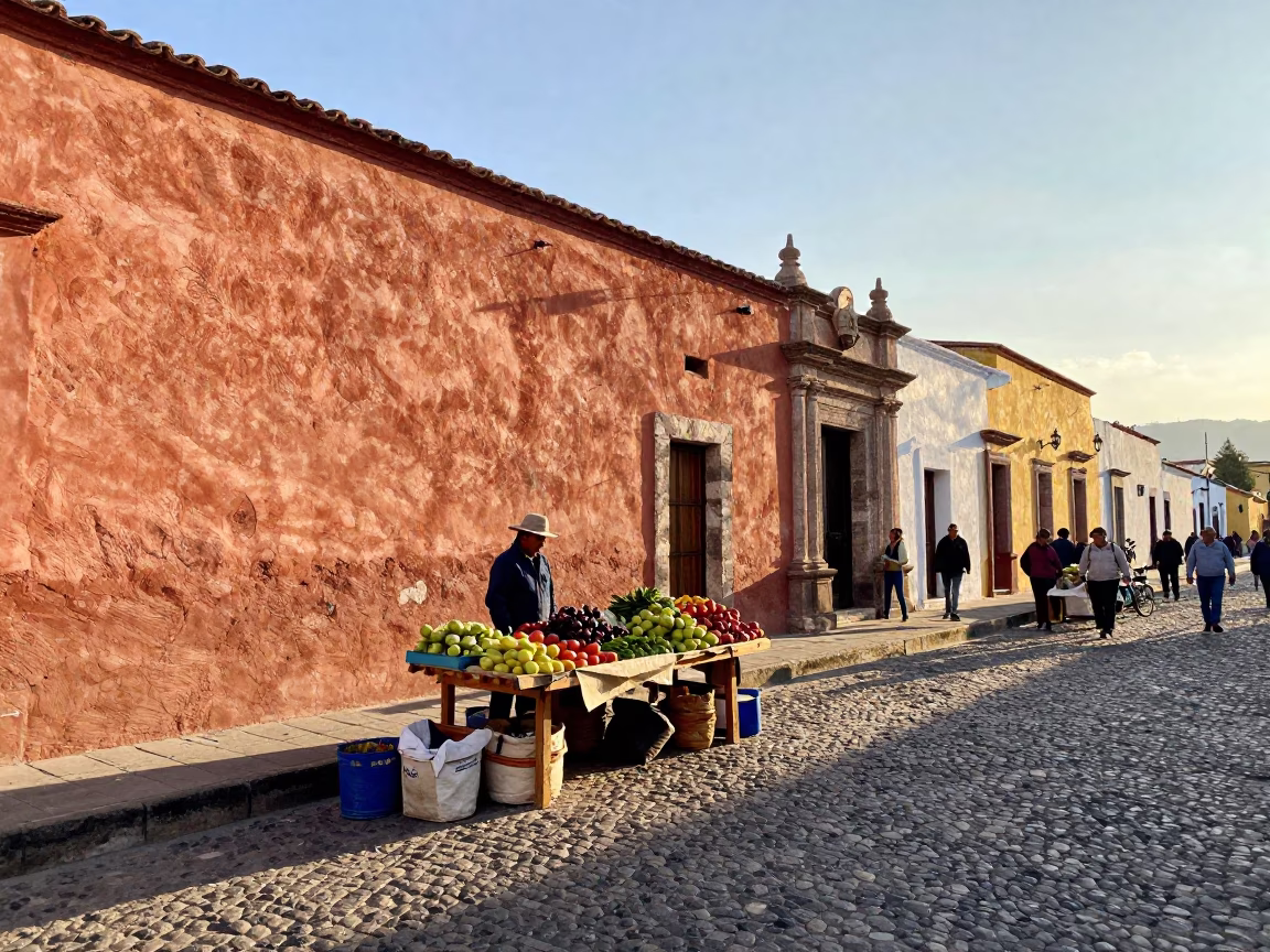 First Light Morning Scene in Oaxaca Mexico Street Market with Local Vendor in in Oaxaca, Mexico