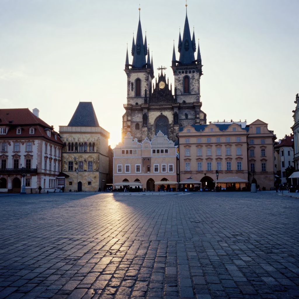 First light morning scene in Prague Czech Republic with historic architecture and street details in in Prague, Czech Republic
