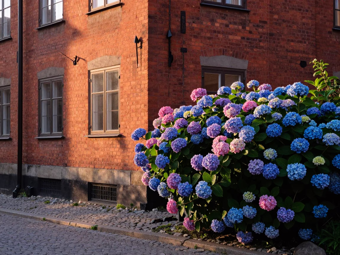 First Light Morning Scene in Stockholm Sweden with Hydrangea Bush and Traditional Architecture in in Stockholm, Sweden