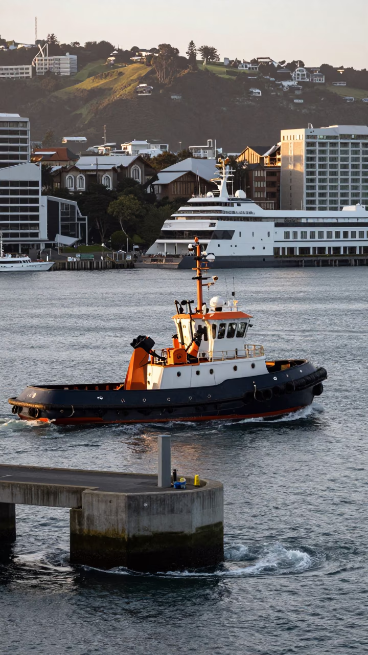 First Light Morning Scene in Wellington New Zealand Harbor with Tugboat and Bridge Pier in in Wellington, New Zealand