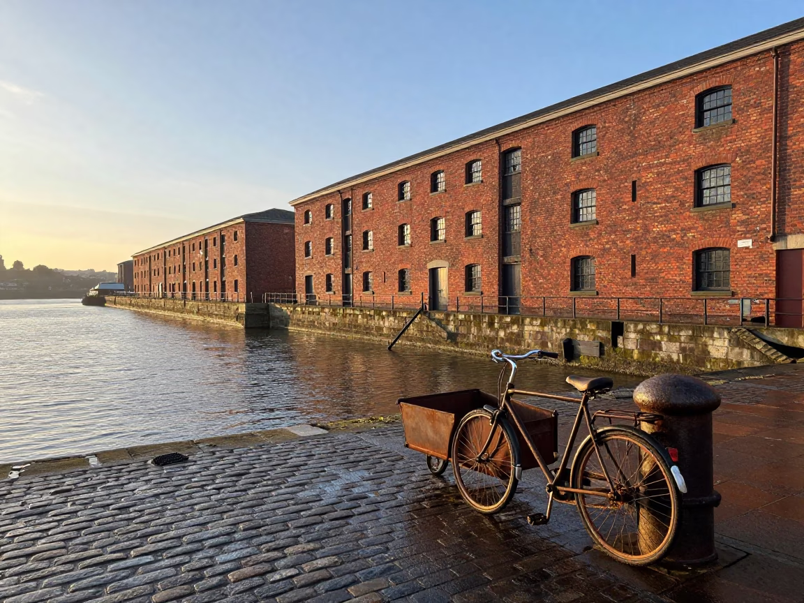 First Light Morning Scene on Bristol Harbourside Quay with Cargo Bicycle and Glass Doorframe in in Bristol, United Kingdom