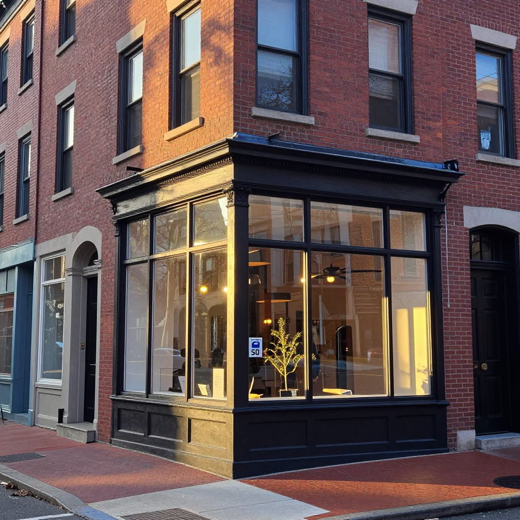 First Light Morning Scene on Philadelphia Street Corner with Local Shop Display and Pedestrian in in Philadelphia, Pennsylvania, United States
