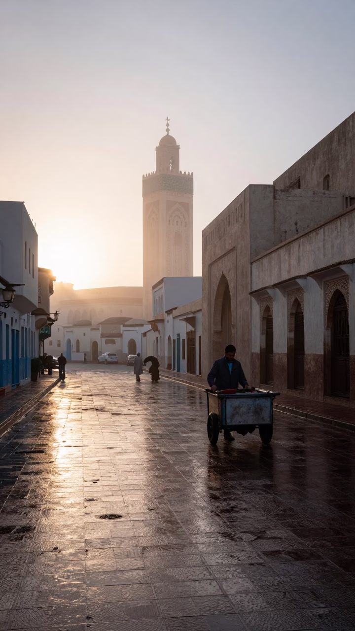 First Light Morning Scene on Wet Casablanca Street with Vendor and Pitcher in in Casablanca, Morocco