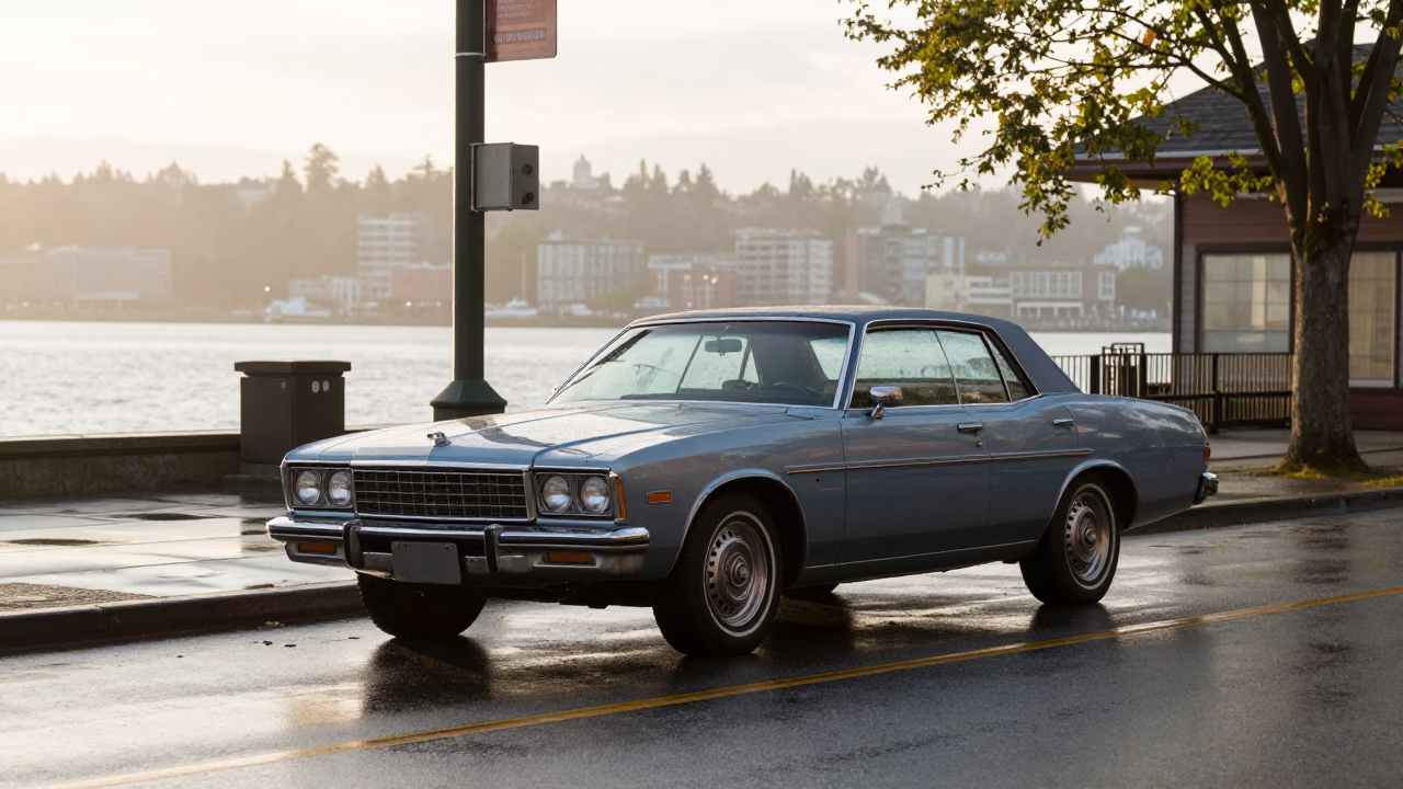 First Light Morning Seattle Street Scene with Vintage Cars and Foggy Waterfront View in in Seattle, Washington, United States