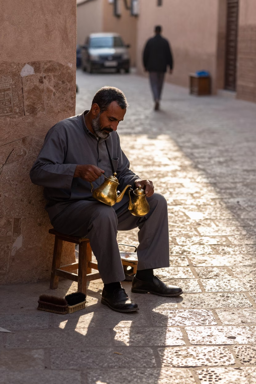 First Light Morning Shoe Shine in Marrakech Medina with Brass Kettles in in Marrakech, Morocco
