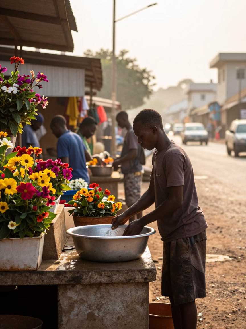 First Light Morning Street Scene in Accra Ghana with Colorful Flowers and Daily Life in in Accra, Ghana