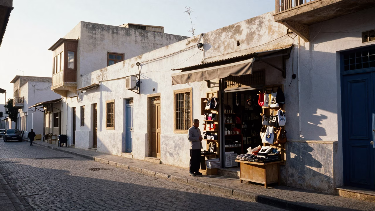 First Light Morning Street Scene in Alexandria Egypt with Local Shopkeeper and Household Items in in Alexandria, Egypt